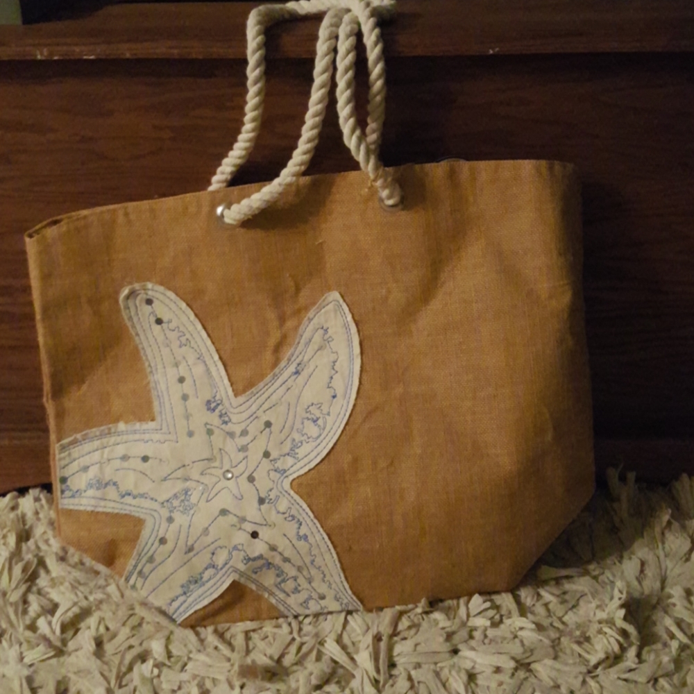 SALE NWOT LG BLUE WHITE  STARFISH BEACH BURLAP BAG - Picture 5 of 16